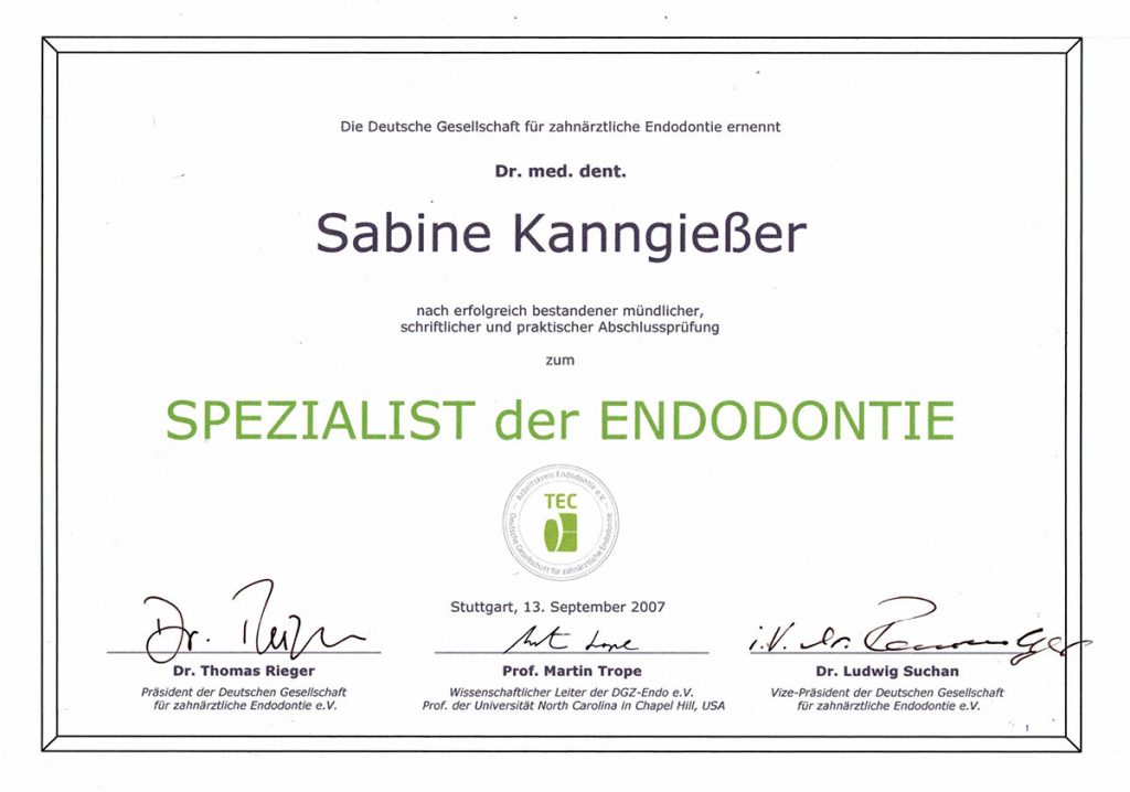 Zertifikat Spezialist der Endodontie